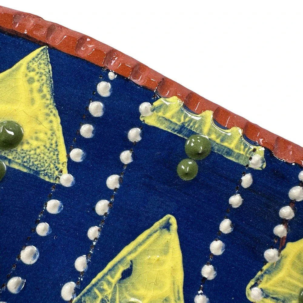 Selinda Kennedy Redware Pottery Platter Blue Yellow Triangle‎ Folk Art Muncy PA